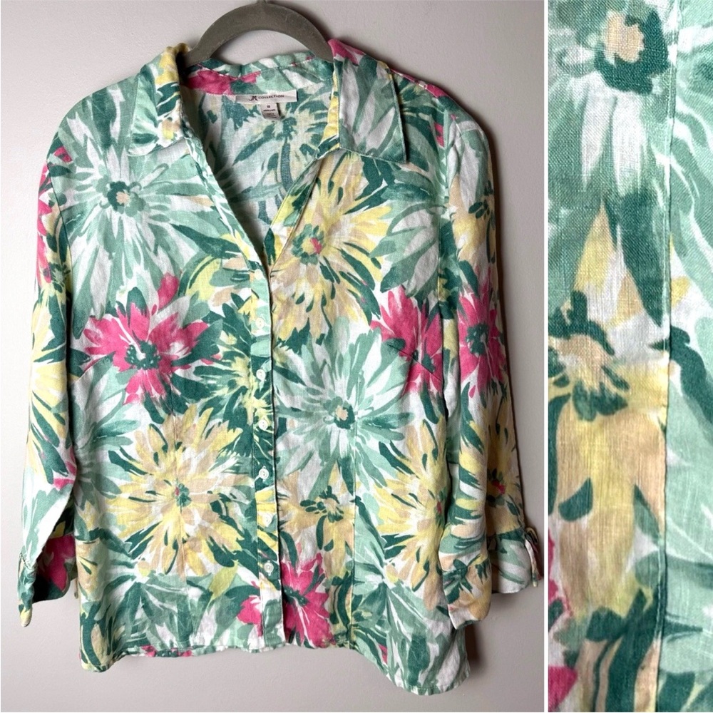 JM Collection Shirt Size 10 Large Top 3/4 Tie Sleeves Linen Floral Tropical